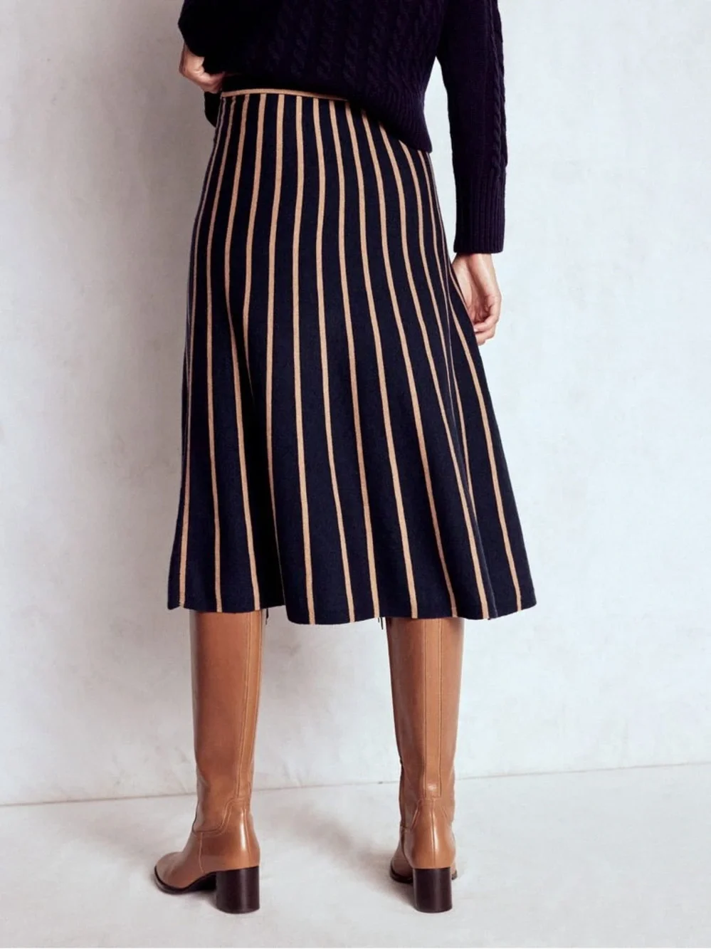 Boden Liz Knitted Midi Skirt Navy Camel Stripe Cotton Wool Size 8